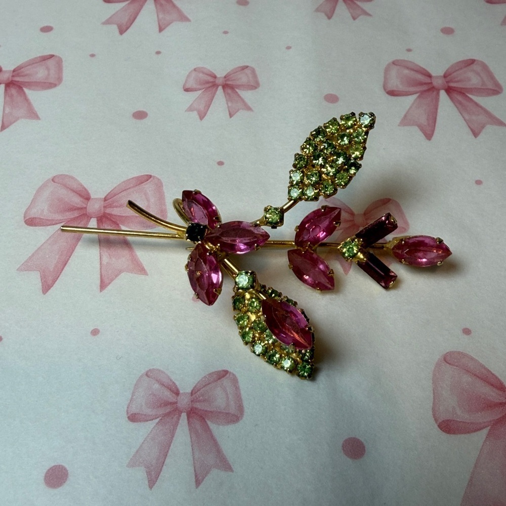 Vintage pink and green floral, stem rhinestone brooch